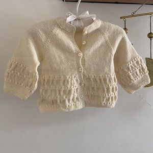 Soft knit front button up ribbon trim cozy kids sweater cardigan in cream ivory
